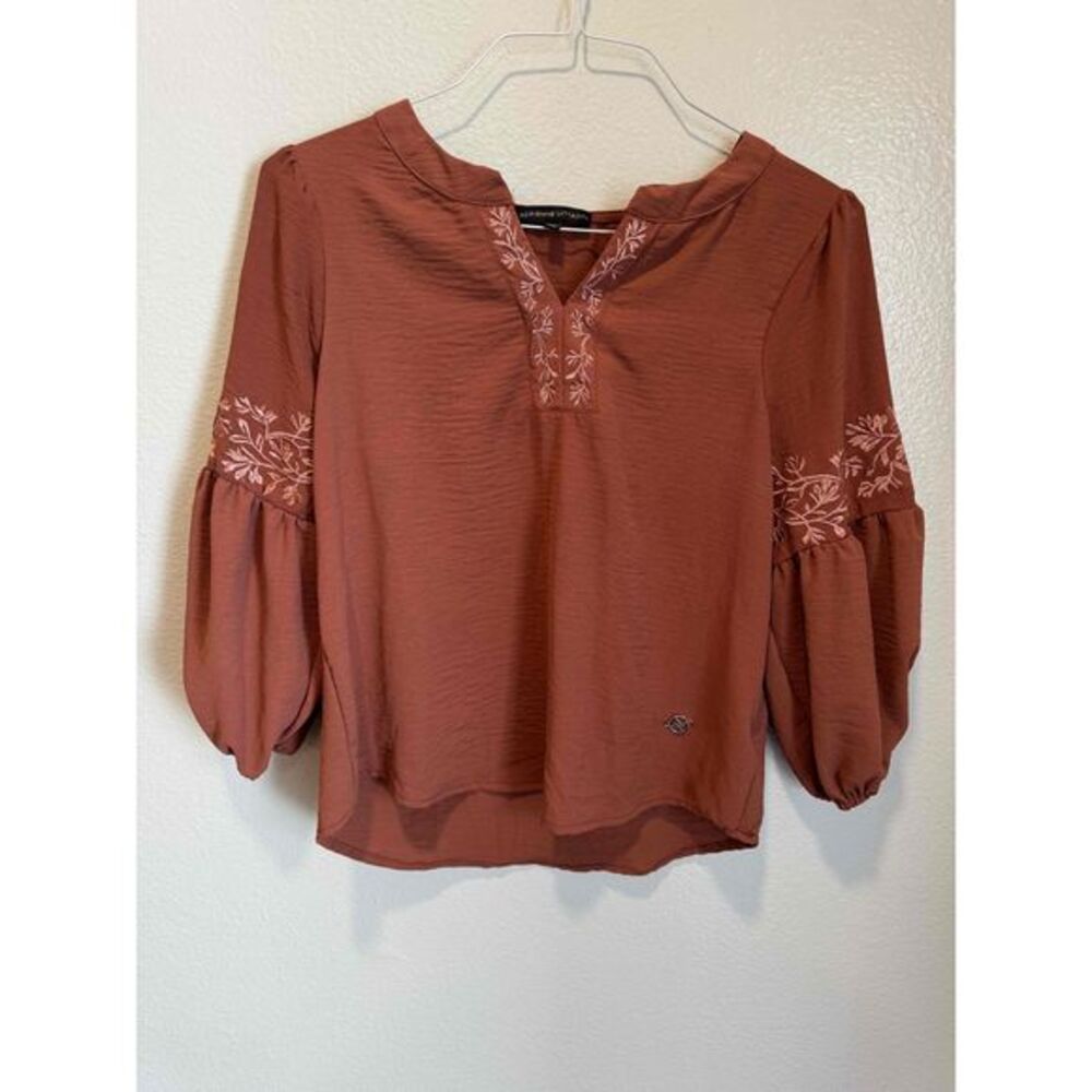Adrienne V Red Long Sleeve Embroidered V-Neck Tunic Blouse Size Small
